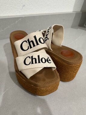 Chloé Cream Canvas Logo Platform Espadrilles